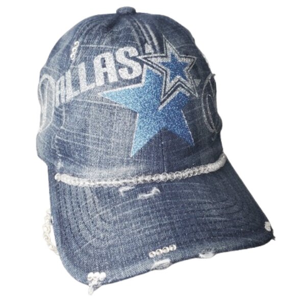 Dallas Football Denim Adj. Cap with Beads, Shiny Lettering, & Swrk. Cry. - Picture 2 of 5